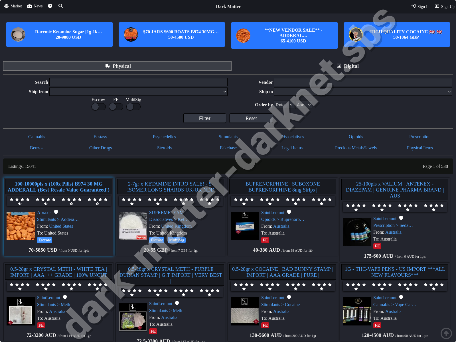 Dark Matter Darknet Market official home page showing Dark Matter Market Link access